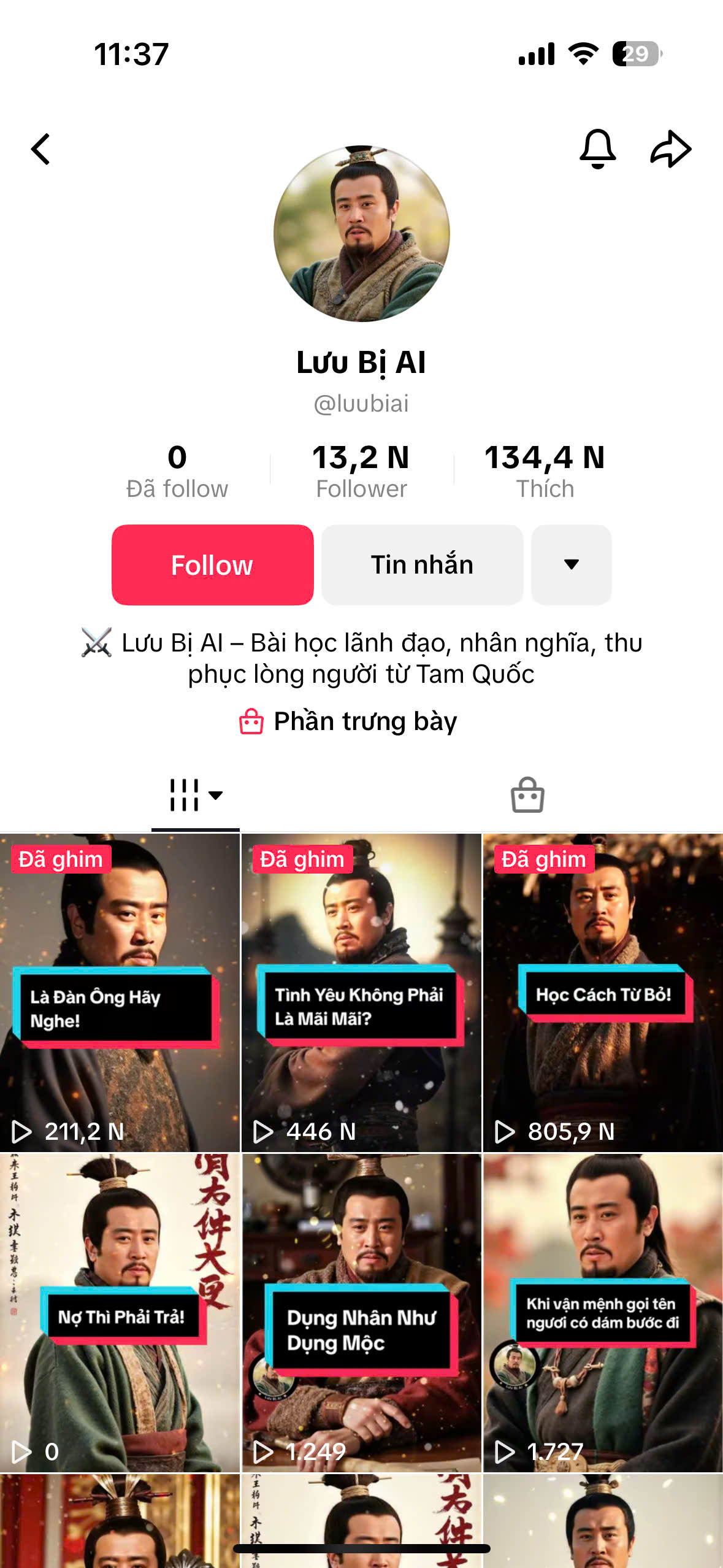 Kênh tiktok Lưu Bị AI